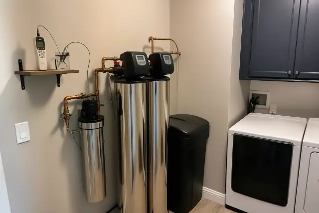 Water softener and filtration system with copper plumbing installed in a Scottsdale, AZ laundry room.