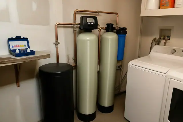 Water softener and filtration system with copper piping installed in a Phoenix, AZ laundry room.