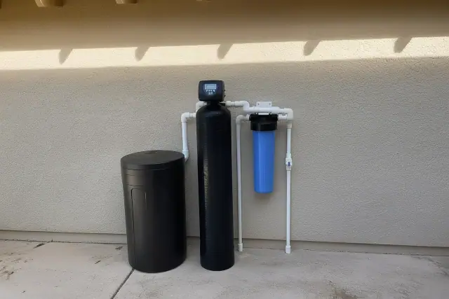 Water softener installation with a brine tank and filtration unit against a stucco wall in Glendale, AZ.