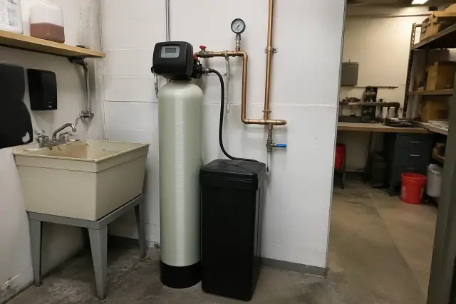 Water softener system installed with copper piping in a utility room in Peoria, AZ.
