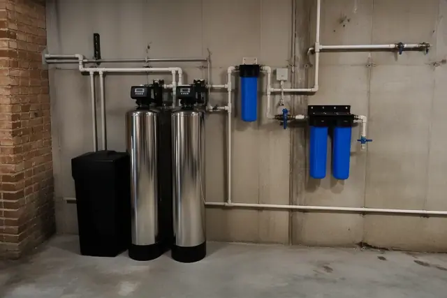 Commercial water softener and filtration system installed in a restaurant back room in Chandler, AZ.