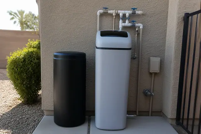 Water softener system with PVC piping installed against a stucco wall in a Phoenix, AZ backyard.