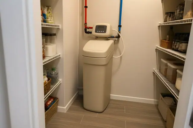 A water softener unit installed in a residential pantry in Tempe, AZ with visible PEX plumbing connections.