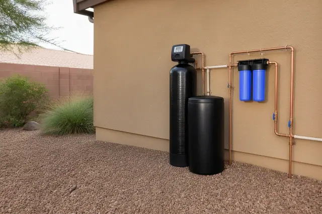 Water softener and filtration system installed against a stucco wall in a desert yard in Surprise, AZ.