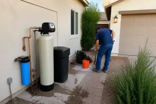 Technician cleaning up near a water softener installed against a stucco wall at a home in Tempe, AZ.