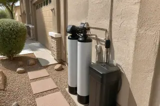 Water softener with plumbing connections installed next to a stucco wall at a home in Tempe, AZ.