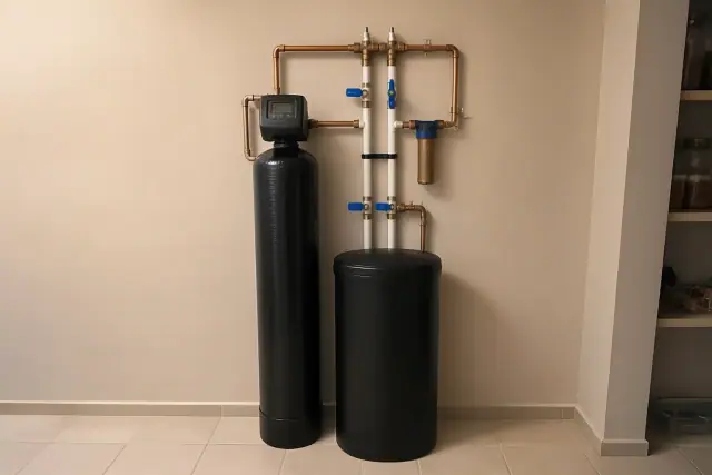 Water softener and scale reduction system installed in a residential pantry in Tempe, AZ.