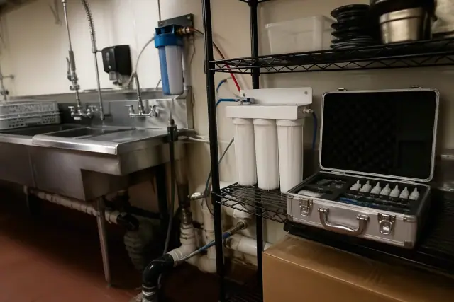 Water filtration system and testing kit on a utility shelf in a restaurant kitchen in Tempe, AZ.
