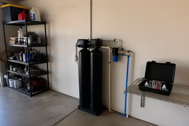 Carbon water filtration tanks with PEX piping installed on a residential garage wall in Tempe, AZ.