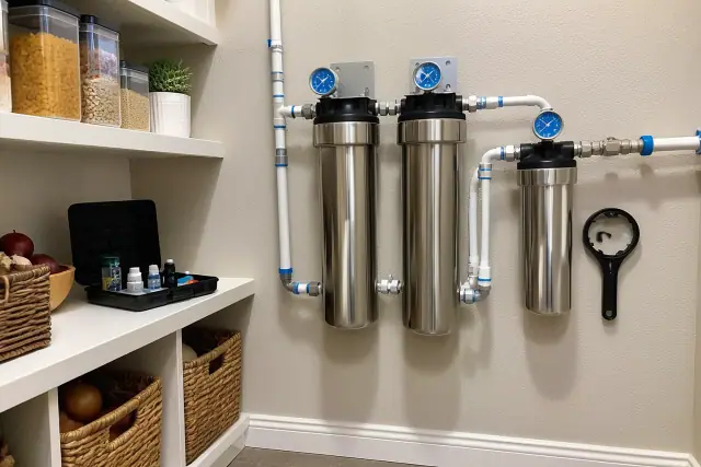 Whole-house water filtration system with stainless steel housings and blue gauges installed in a Tempe, AZ pantry.