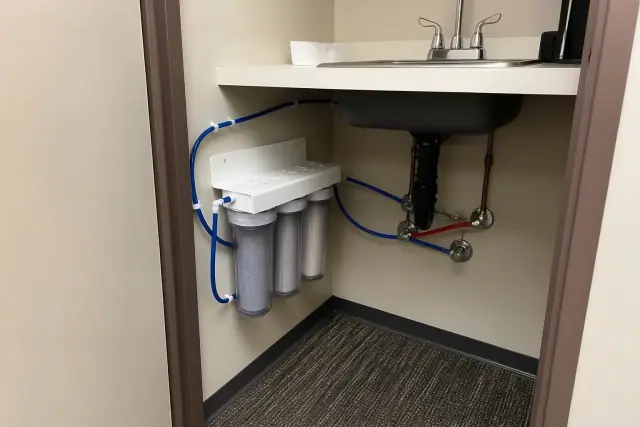 Under-sink water filtration system installed in a utility closet in Tempe, AZ.