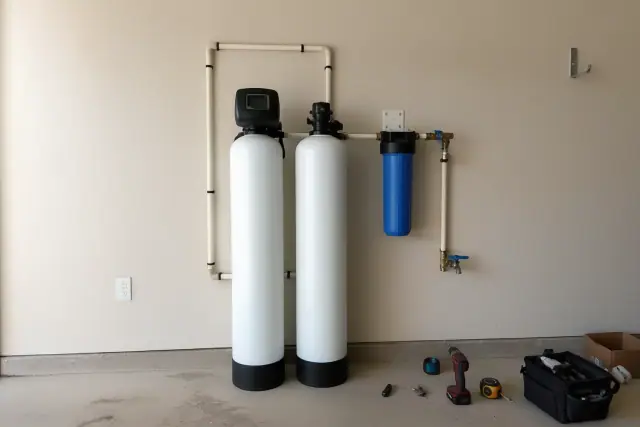 Whole-home water filtration system with two white tanks and blue filter installed on a garage wall in Tempe, AZ.