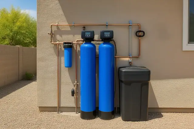 Whole house water filtration and softening system installed on a stucco wall in a Tempe, AZ backyard.