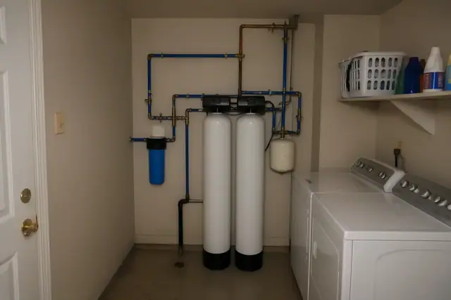 Whole-home water filtration system with two white tanks and blue piping in a laundry room in Tempe, AZ.