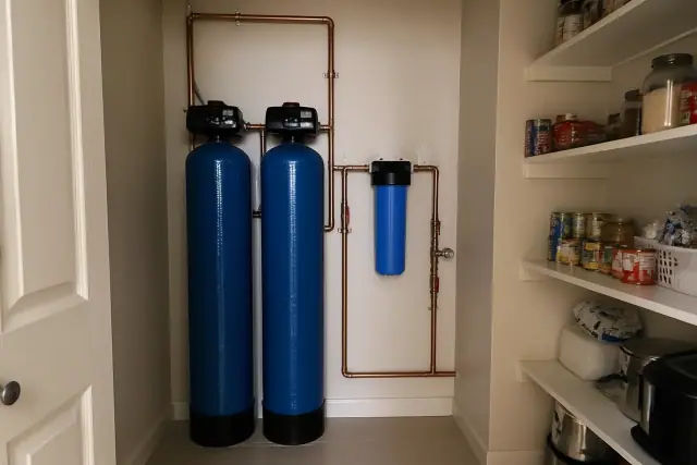 Whole-home water filtration system with blue tanks and copper pipes installed in a Glendale, AZ residential pantry.
