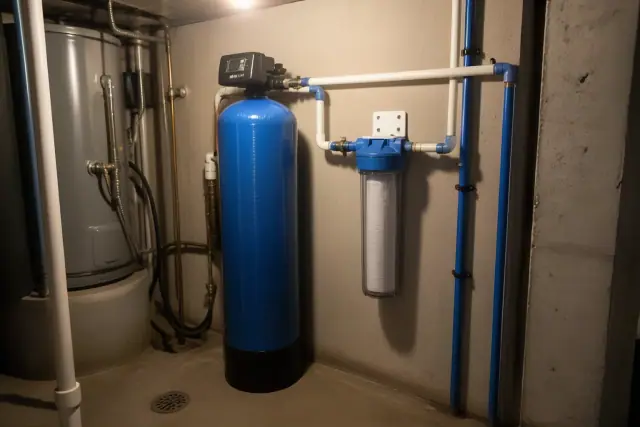 Water filtration system with blue softener tank and sediment filter installed in a Peoria, AZ utility room.