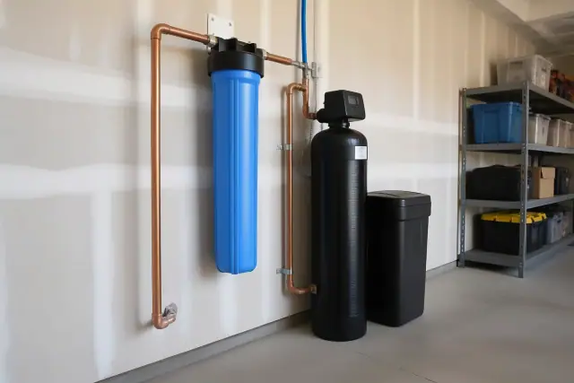 Whole-home water filtration system with copper piping installed on a garage wall in Tempe, AZ.