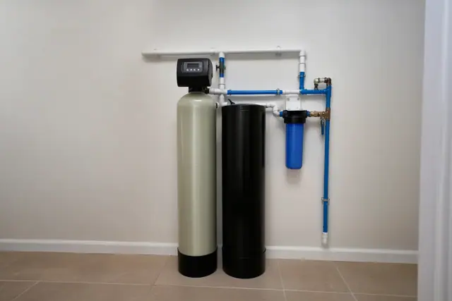 A whole-home water filtration system with two tanks and blue piping installed against a pantry wall in Chandler, AZ.