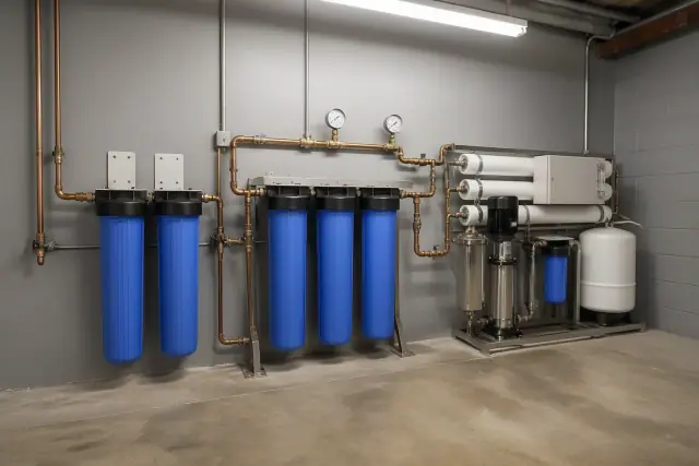 Whole-house water filtration and RO system with copper piping mounted on a utility wall in Tempe, AZ.