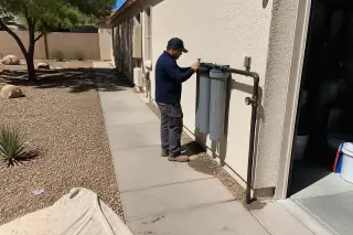 Technician inspecting a new whole house water filtration system on a stucco wall in Tempe, AZ.