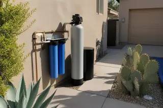 Whole house water filtration system with plumbing and canisters on a stucco wall at a home in Tempe, AZ.