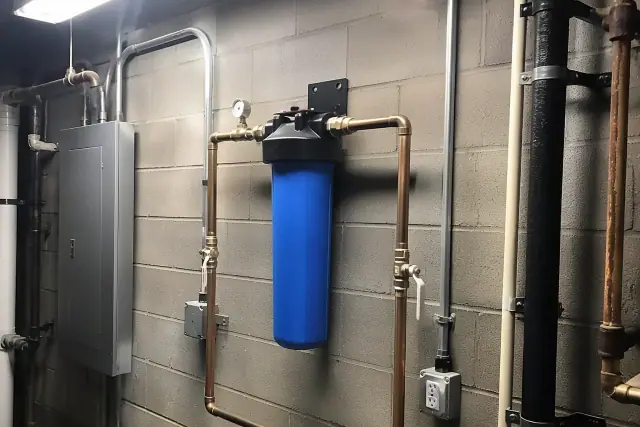 Blue sediment filter housing with copper piping mounted on a cinderblock wall in a Tempe, AZ mechanical room.