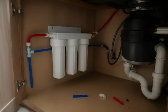 Whole-house water filtration system installed under a kitchen sink in a home in Tempe, AZ.