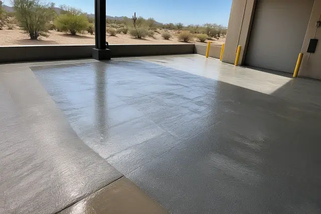 100% solids epoxy base coat applied to a warehouse concrete floor at a loading dock in Tucson, AZ.