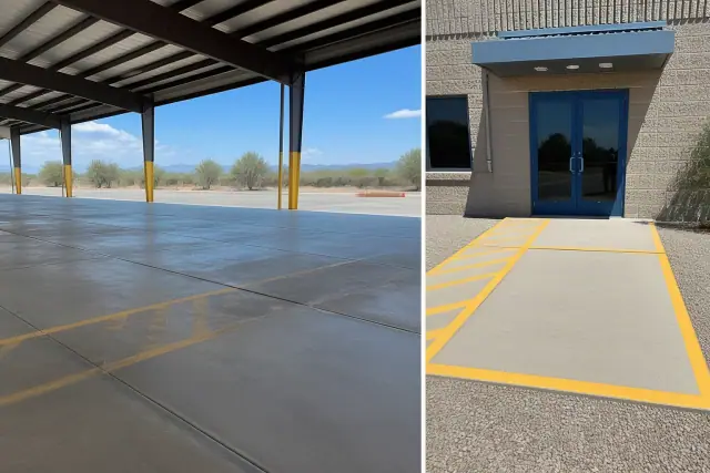 Concrete floor of an industrial warehouse and retail entry space in Tucson, AZ ready for coating application.