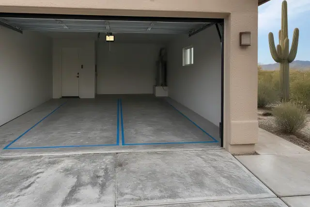 Empty two-car residential garage in Tucson, AZ with concrete floors marked by blue tape for a floor finish project.