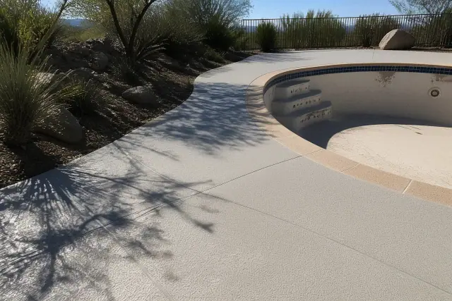 Drained swimming pool with new acrylic cool-deck coating surrounded by desert landscaping in Tucson, AZ.