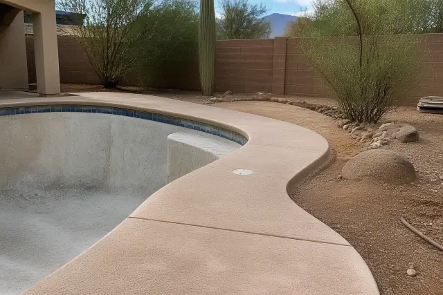 Concrete pool deck coating preparation at a drained swimming pool in Tucson, AZ with a Saguaro cactus in the background.