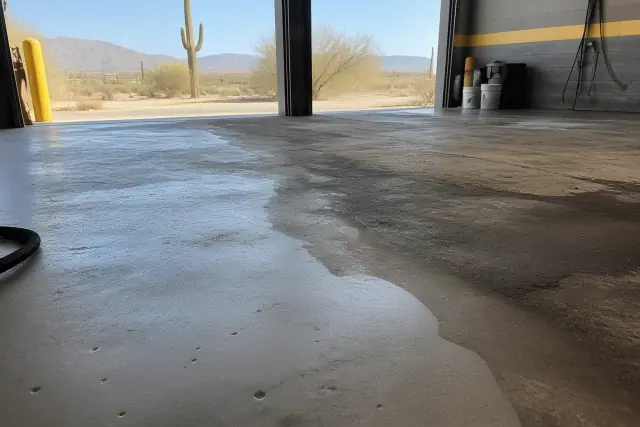 Close-up of a concrete floor in a Tucson, AZ service bay showing a partially cleaned patch next to oil-stained residue.