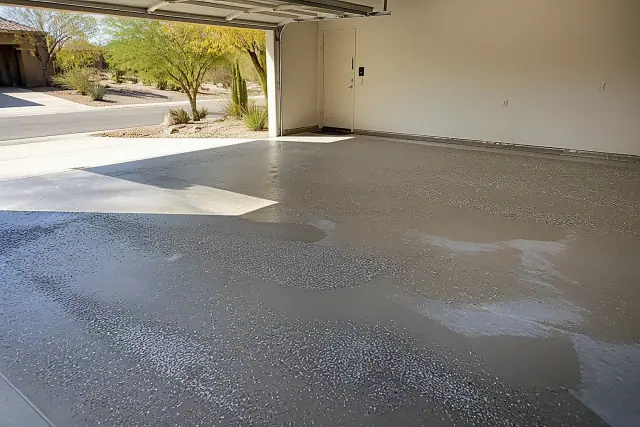Empty two-car garage in Tucson, AZ with concrete floor prepped for epoxy coating and decorative flakes.