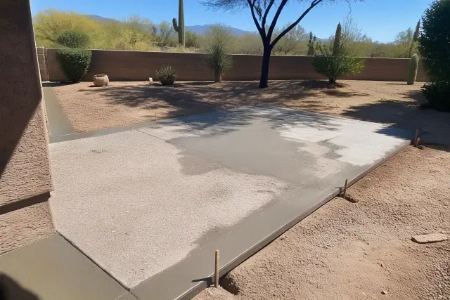 Concrete backyard patio undergoing structural repair and surface leveling in Tucson, AZ.
