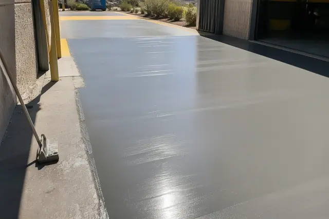 Epoxy floor coating being applied to a warehouse loading dock in Tucson, AZ, with desert brush visible outside.