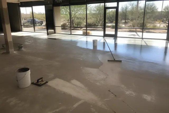 Concrete floor prepared for epoxy installation inside a retail showroom in Tucson, AZ with mixing buckets and tools.