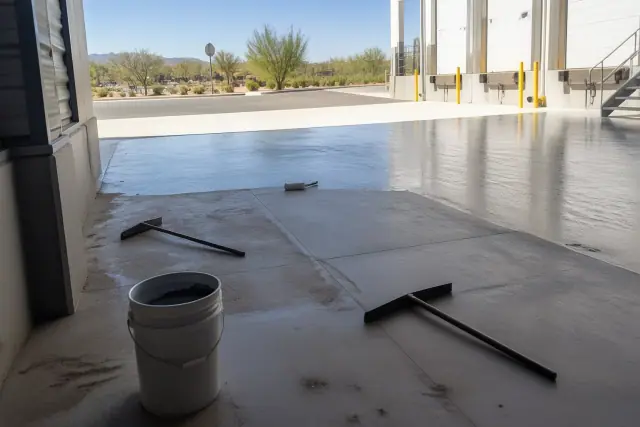 Industrial concrete warehouse floor with epoxy supplies and safety markings at a job site in Green Valley, AZ.