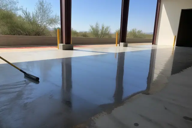Half-applied glossy epoxy coating on an industrial concrete floor at a job site in Tucson, AZ.