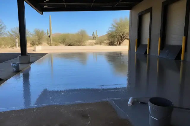 Concrete warehouse floor with mixing buckets and rollers during an epoxy coating project in Oro Valley, AZ.