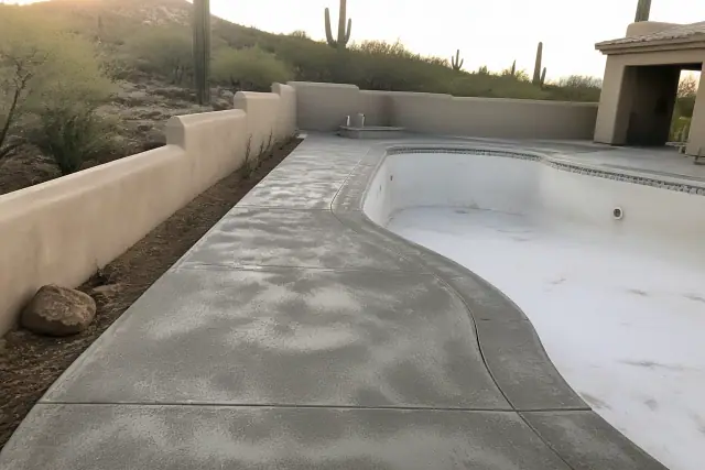 Concrete pool deck coating in progress at a residential property in Tucson, AZ, with desert landscape in the background.