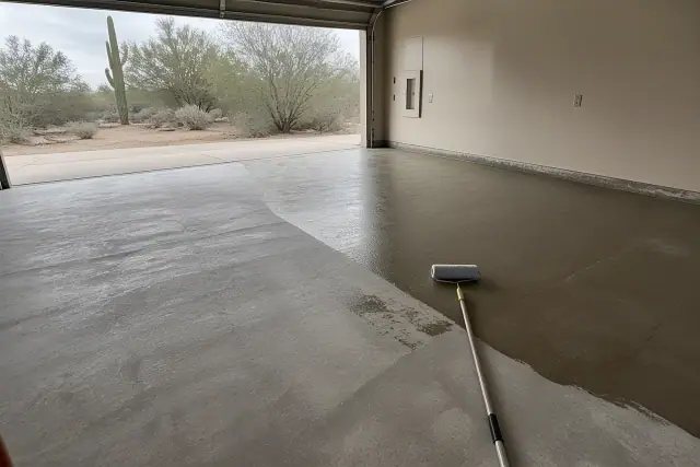 Prepped concrete garage floor with epoxy base coat and roller in Tanque Verde, AZ, with desert landscape outside.
