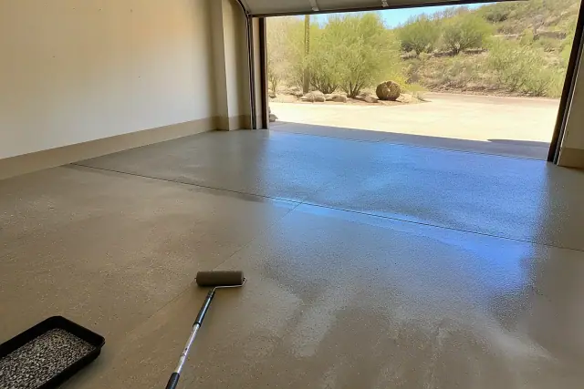 Concrete garage floor prepped for epoxy coating in a residential garage in Green Valley, AZ.