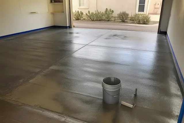 Empty residential garage with prepped concrete floors and epoxy supplies during a floor coating project in Marana, AZ.