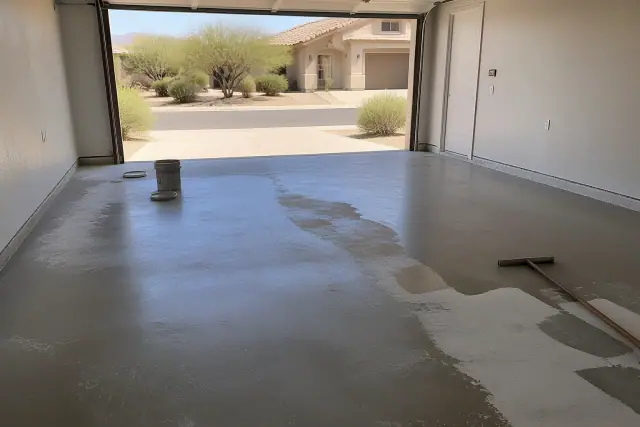 Concrete floor being prepped for an epoxy coating inside a residential two-car garage in Vail, AZ.