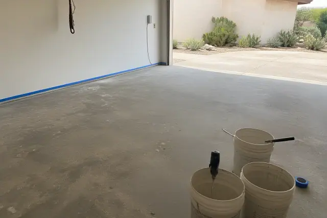 Prepped concrete garage floor with epoxy supplies in South Tucson, AZ, seen through an open door with desert landscaping.