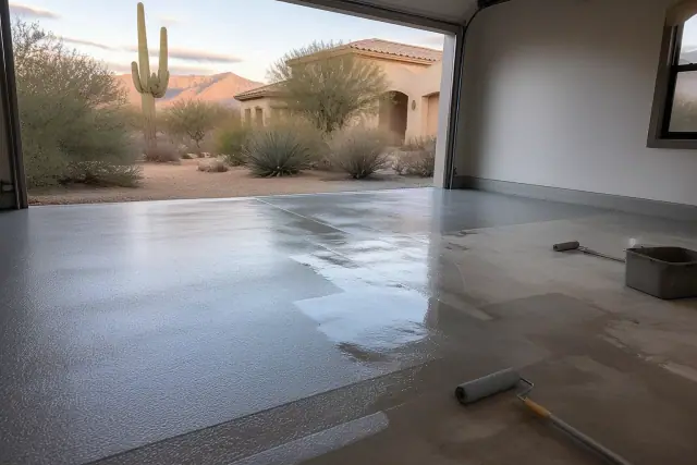 Concrete garage floor prepared for epoxy coating in an Oro Valley, AZ residential garage.