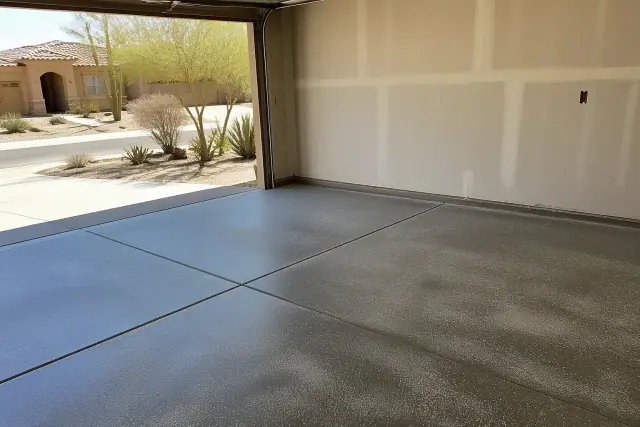 Empty two-car garage with prepped concrete floors ready for epoxy coating in Sahuarita, AZ.