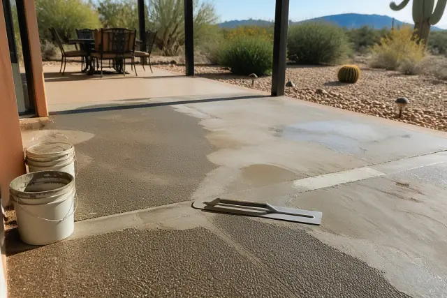 Concrete patio undergoing structural repair and surface leveling in a Tucson, AZ backyard.