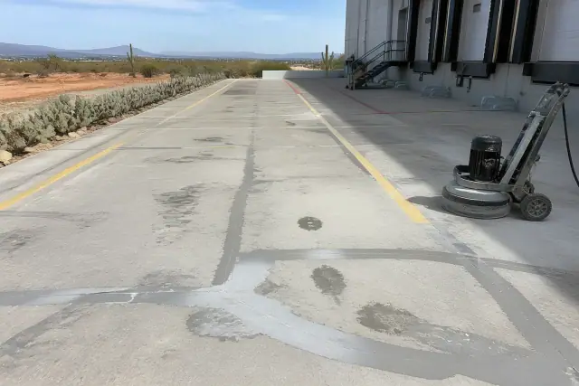 Concrete repair on a warehouse loading dock with a mechanical grinder and prickly pear cacti in Tucson, AZ.